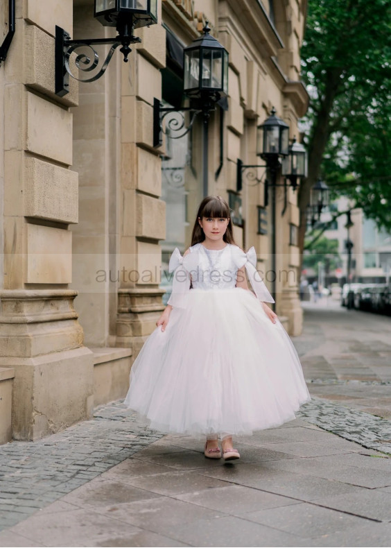 White Satin Tulle Flower Girl Dress With Bows